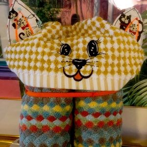 Sewing machine crafted, embroidered, kids hooded bath towel, mock calico cat.